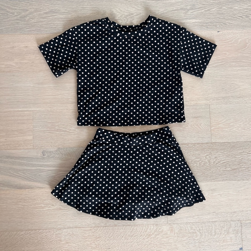 GAP Black and Tan Polka Dot Skater Skort w/ Cropped Boxy T-Shirt Girls XL 12
